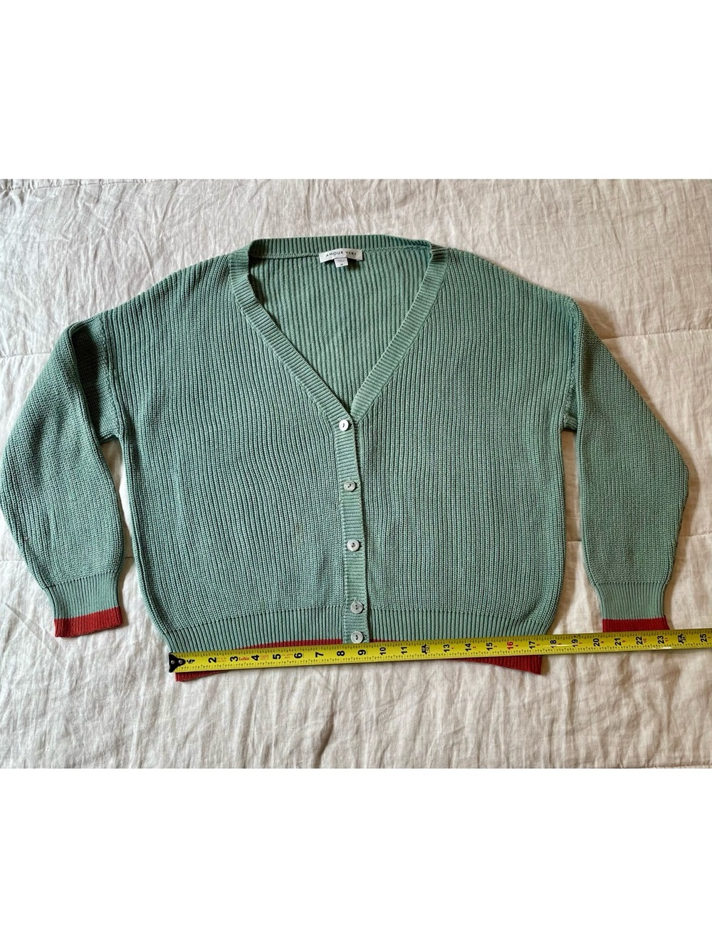 Amour Vert Cardigan V-Neck Button Front Mineral Green Red Organic Cotton M - Picture 9 of 11